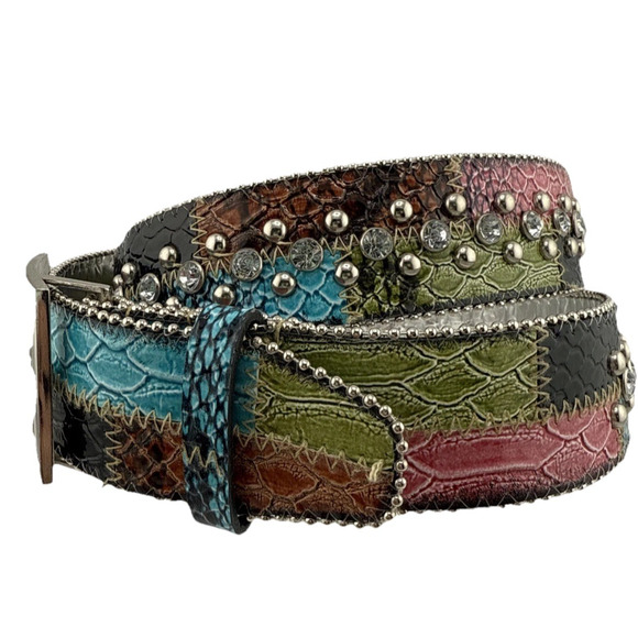 Guess Y2K cowboy RHINESTONE studded belt Patchwork embossed WESTERN Size M EUC - Picture 2 of 5